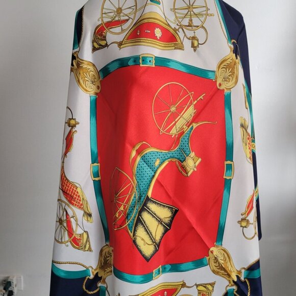 Vintage Equestrian Horse Carriage Blue Red & Gold 100% Silk Scarf - Picture 9 of 13